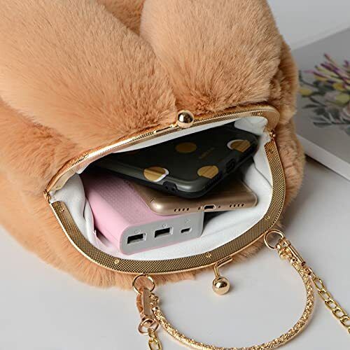Purse Shoulder Bag Fur Rabbit Ear Long Gold Metal Chain Clutch Plush Side Bag
