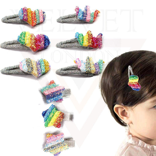 Hair Clips 6x Assorted Design Rainbow Heart Star Queen Glitter Hair Styling Pins