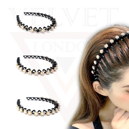 3x Wave Headbands Unbreakable Non-Slip Hair Band Pearl Rhinestone Hair Hoop