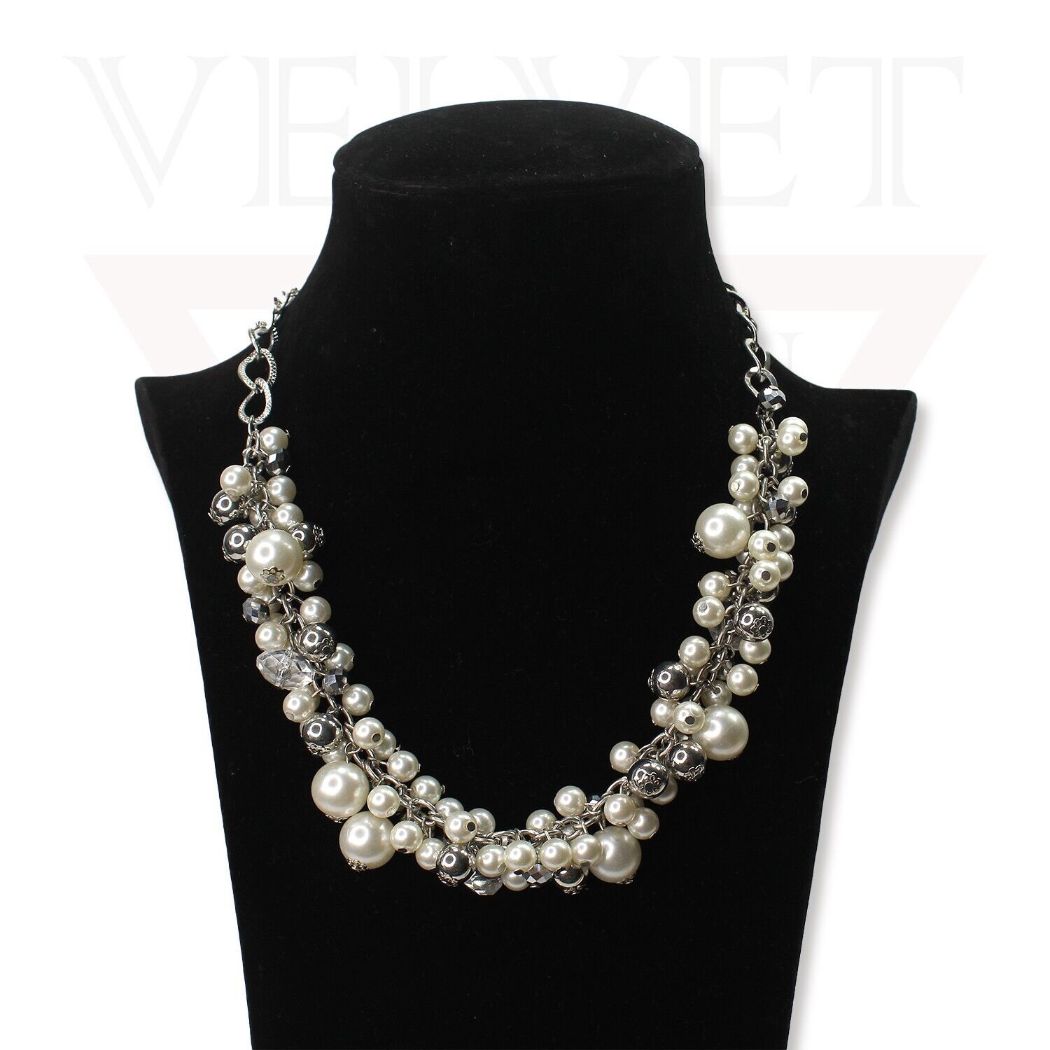 Beads Necklace Silver Chins Diamond With White Pearl Choker Partywear Jewellery