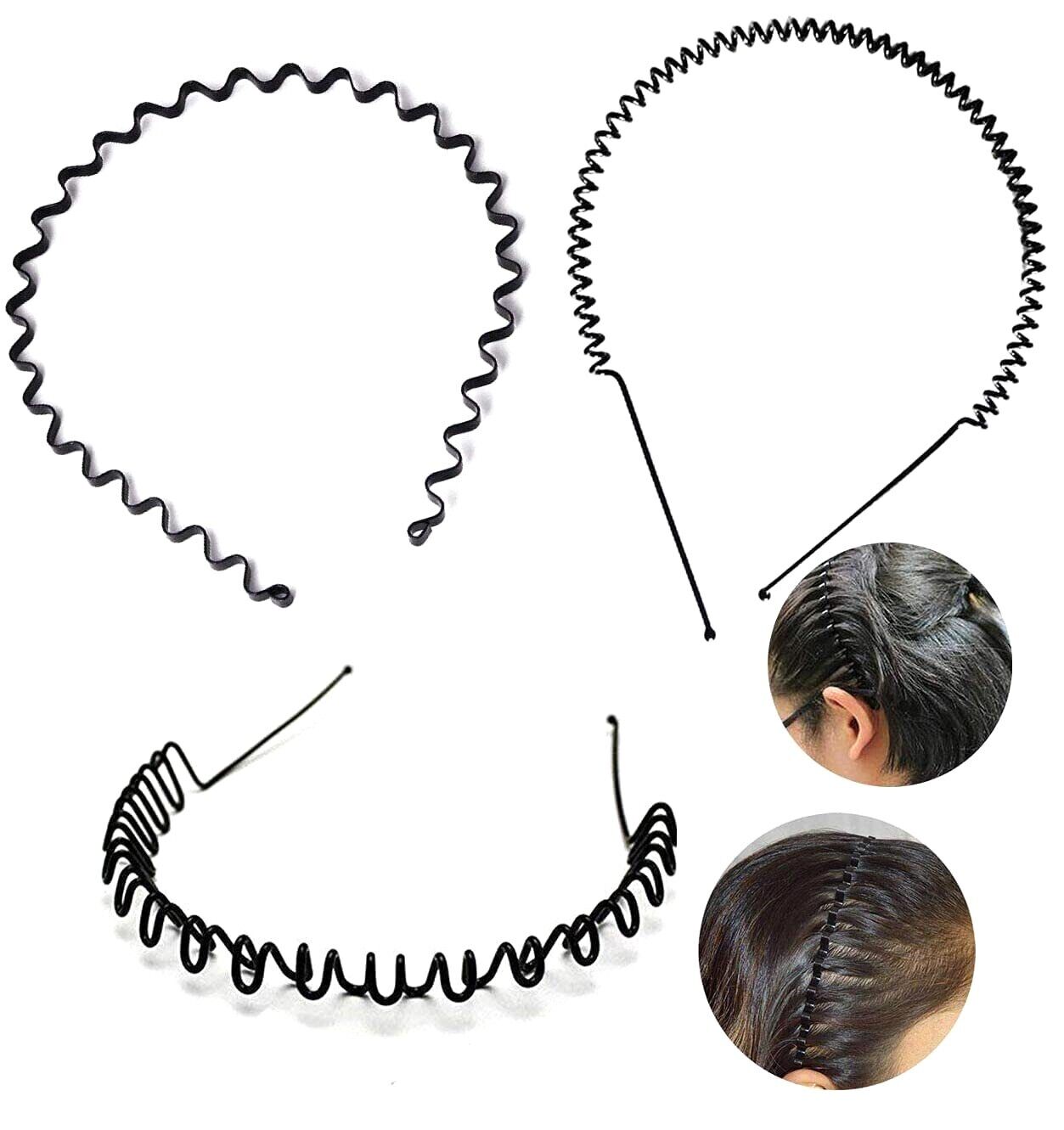 3 Black Wavy Metal Hair Band Spring Hair Hoop Unisex Black Headband Flexible UK