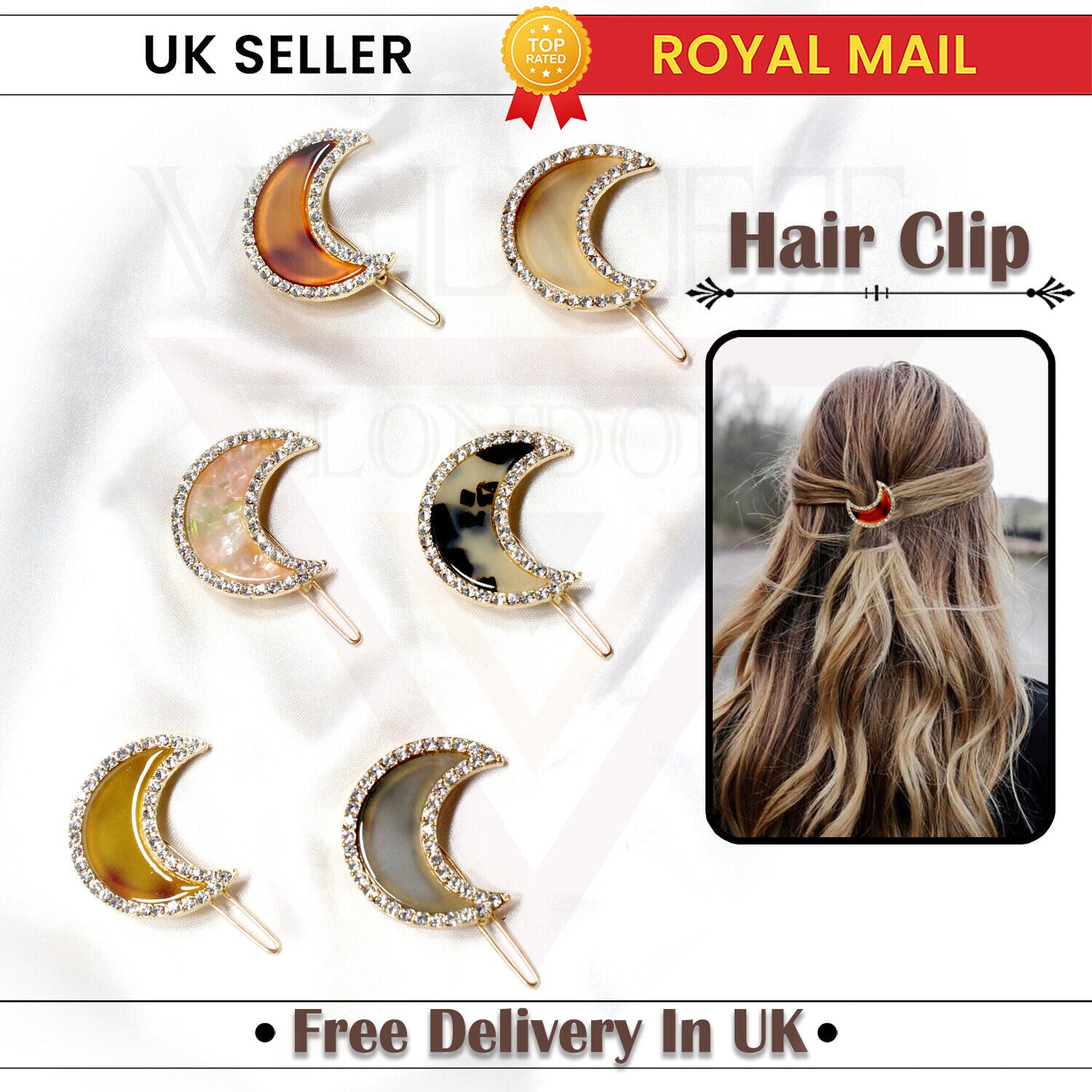 Marble Half Moon Shape Hair Clip Dimond Crystal Hair Slide Clip Golden Grip Pin 