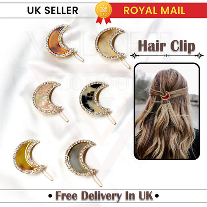 Marble Half Moon Shape Hair Clip Dimond Crystal Hair Slide Clip Golden Grip Pin 