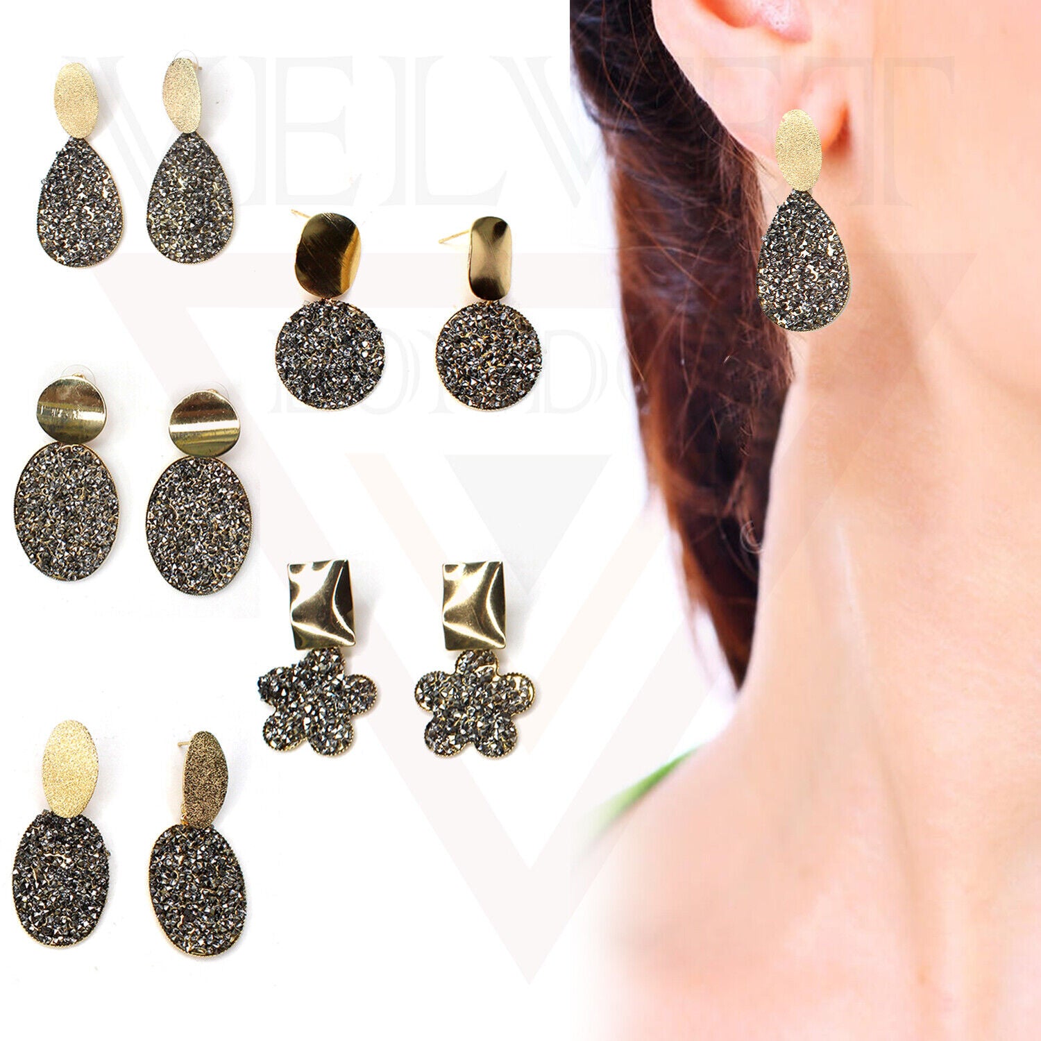 Drop Earrings Stud Earring Dangle Crystal Rhinestone Glitter Black Ear Jewellery
