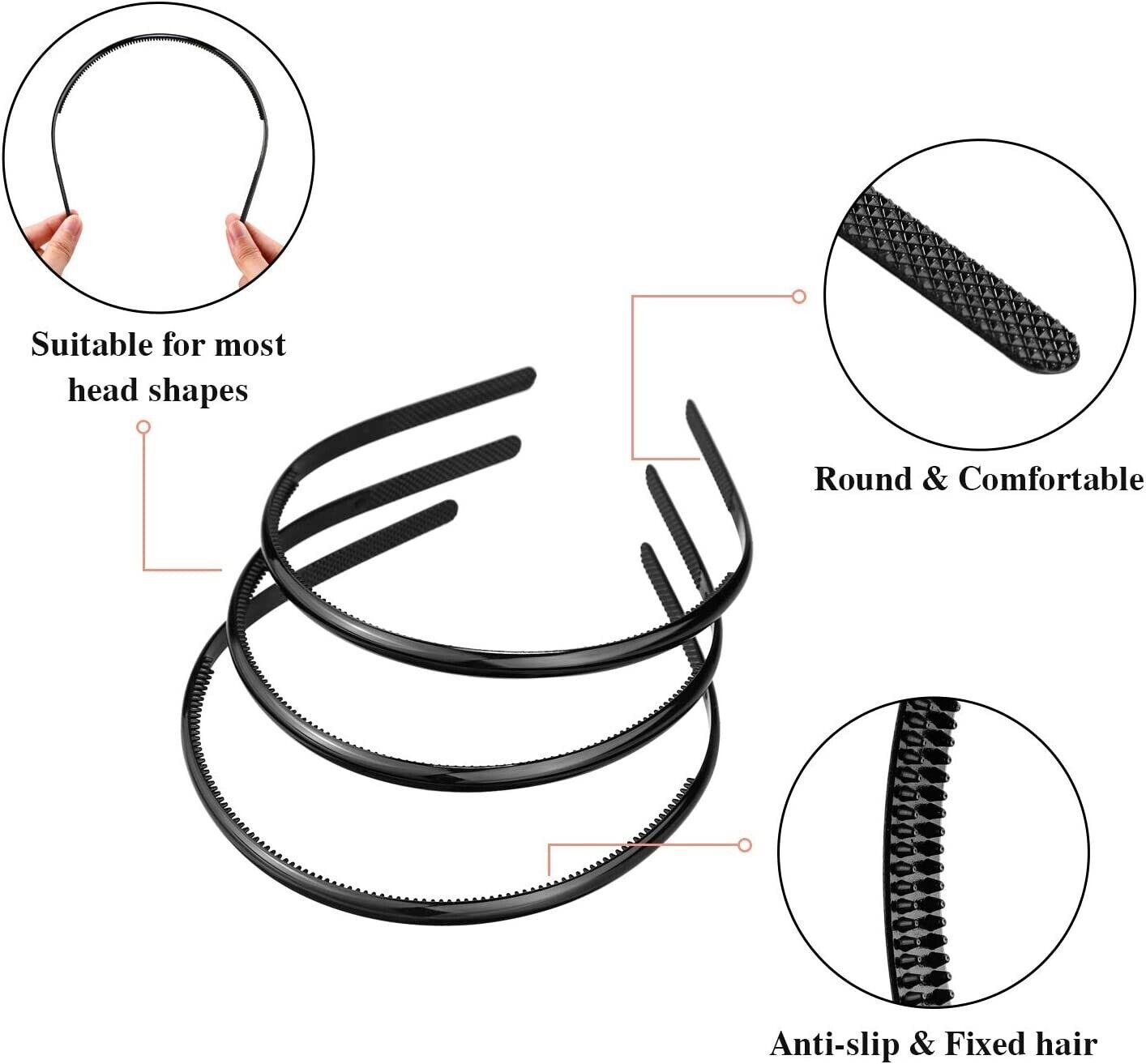 4Pcs Slim Hair Bands Plastic Black Headbands With Teeth Skinny Thin Hair Hoop