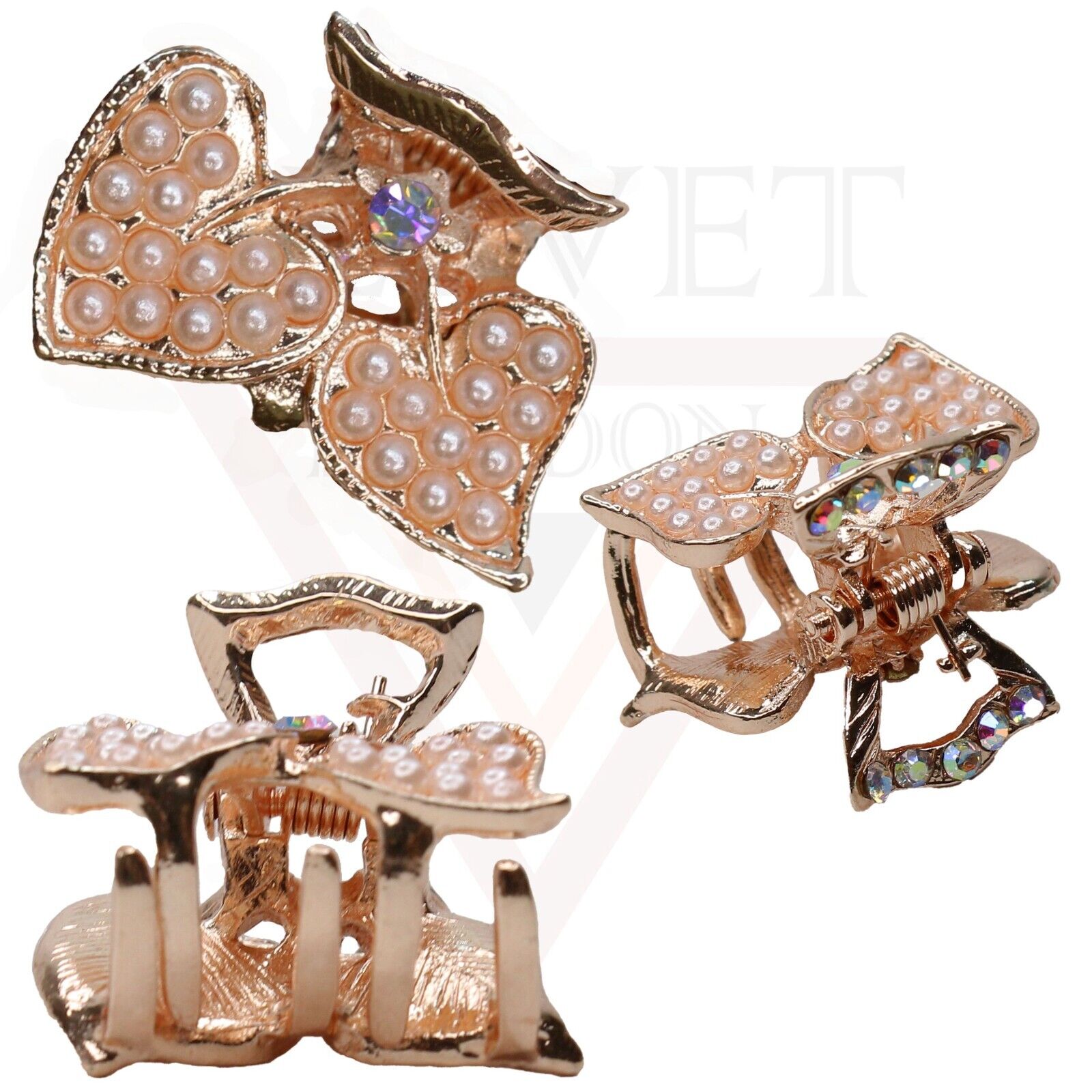 3x Tiny Hair Claw Assorted Design Rose Gold Diamond Pearl Hair Clips Pins Grips