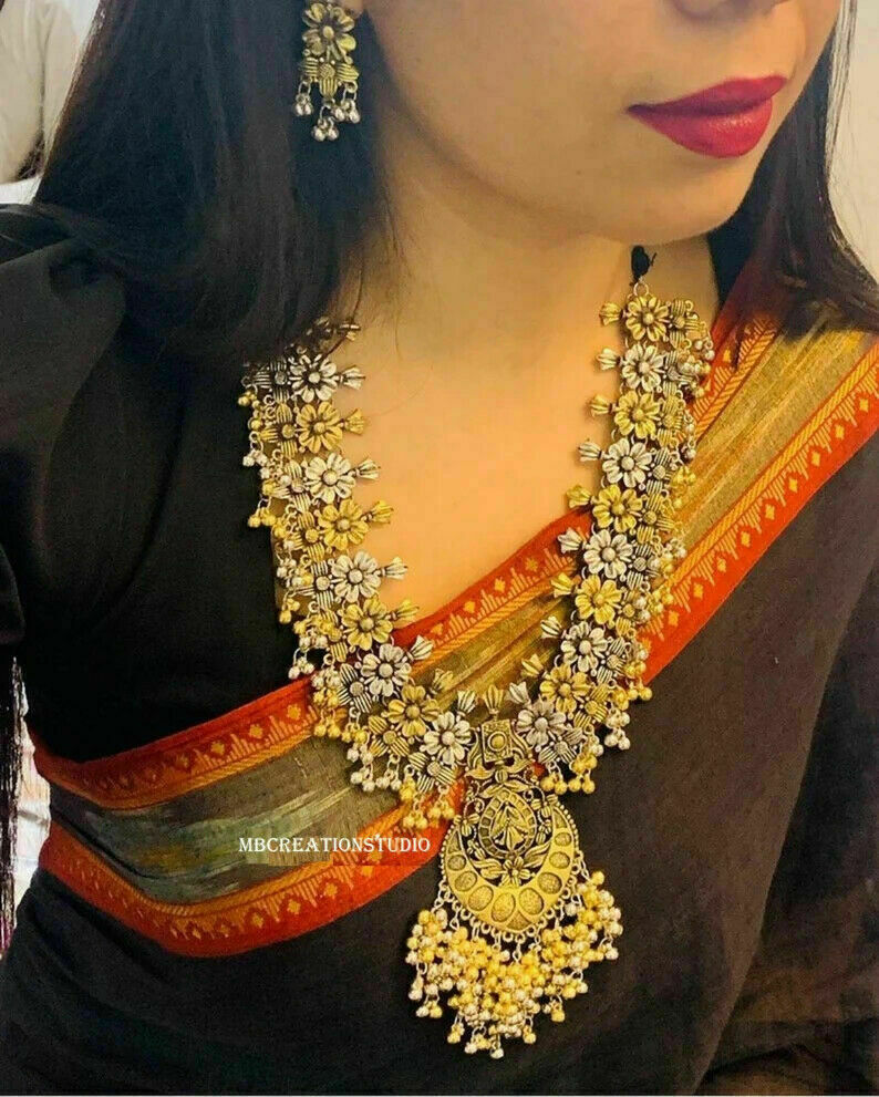 Long Necklace Earrings Golden Silver Antique Oxidized Ethenic Jewellery Set