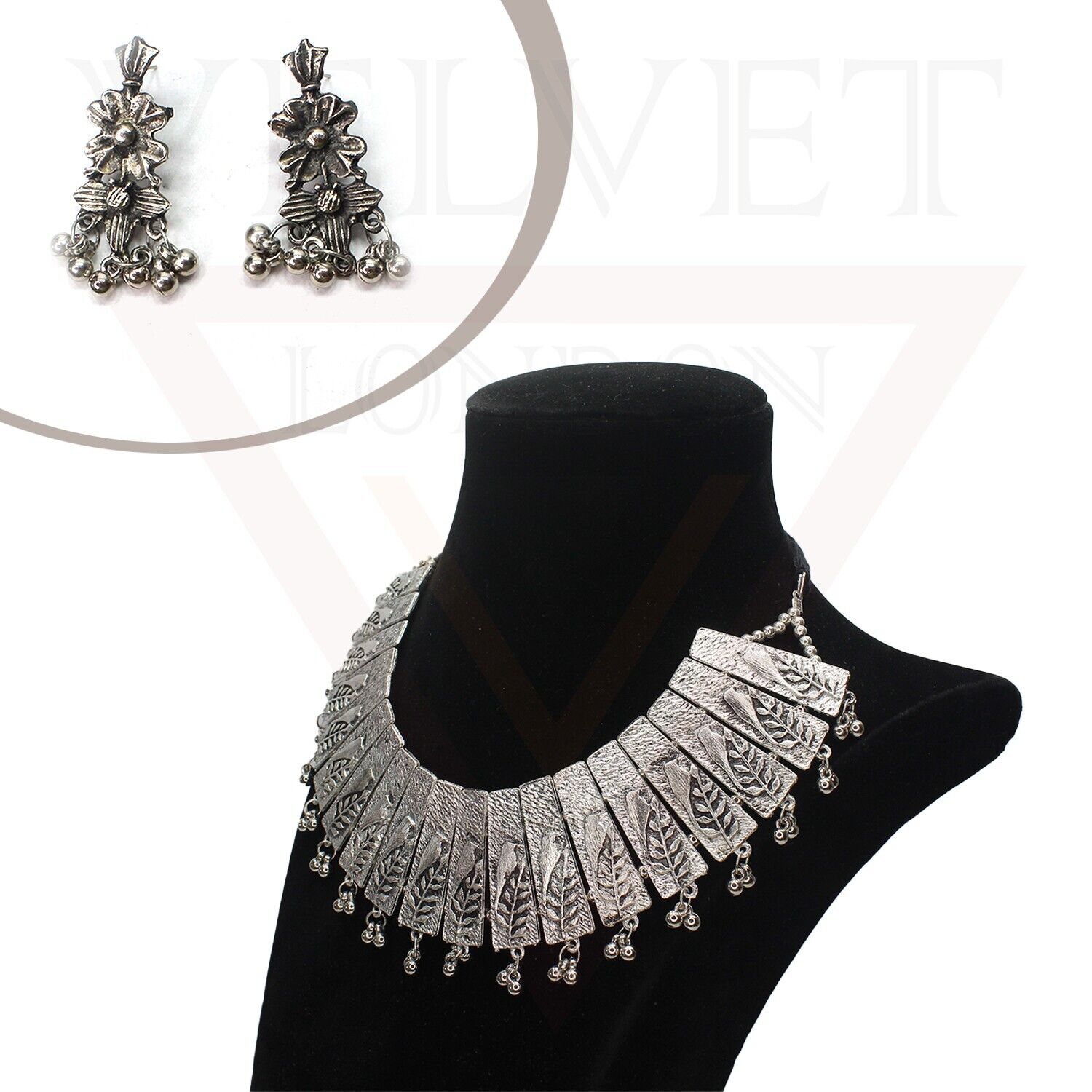 Oxidized Necklace Earrings Sparrow Antique Silver Traditional Boho Jewellery Set