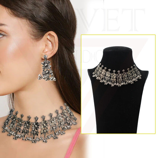Necklace Earrings Set Flower Antique Oxidized Traditional Boho Jewellery Set
