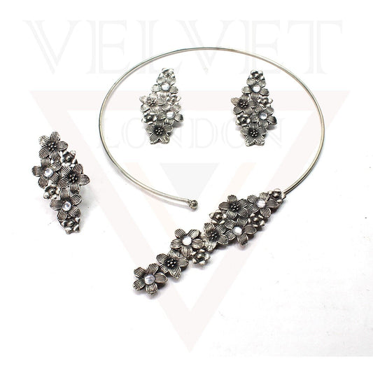 Antique Silver Oxidized Traditional Necklace Earrings Ring Set Boho Hasli Choker