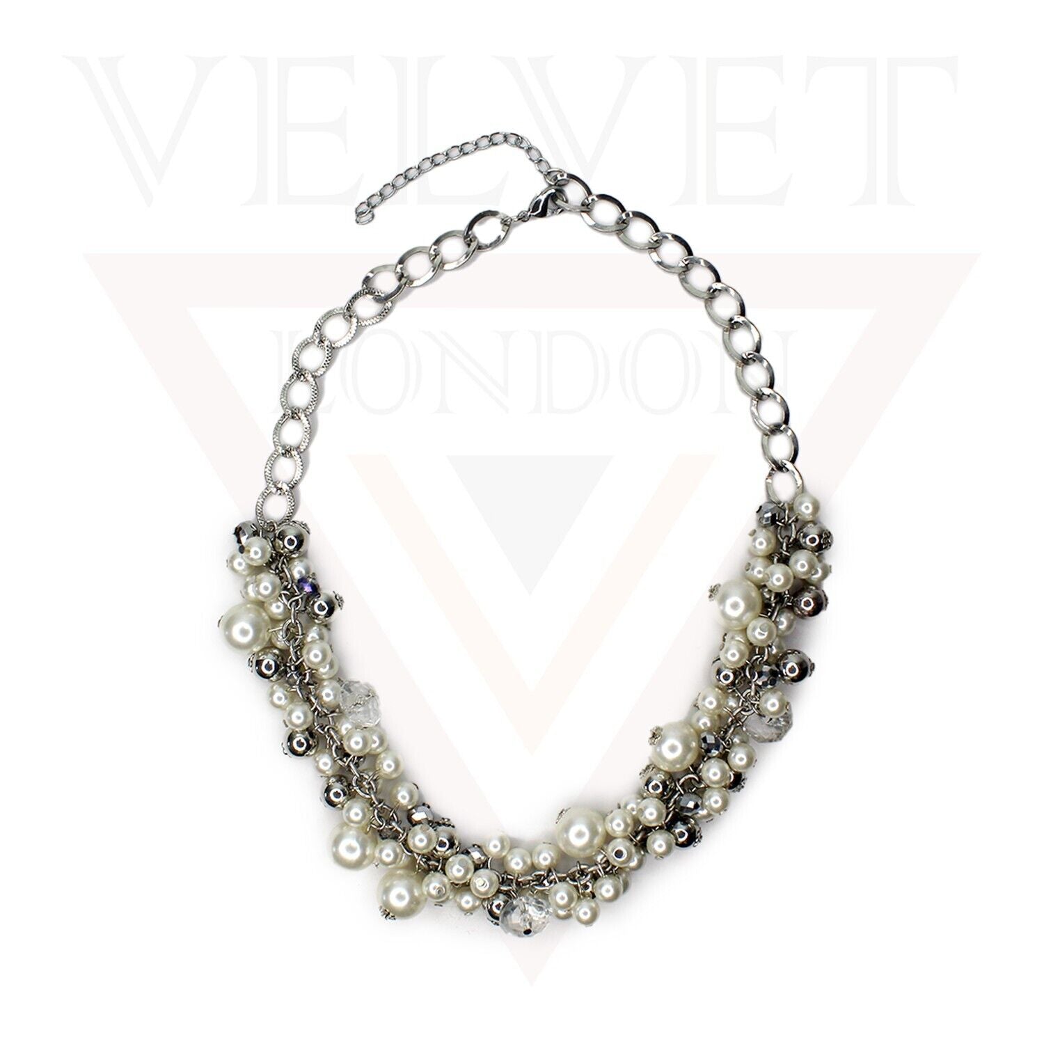Beads Necklace Silver Chins Diamond With White Pearl Choker Partywear Jewellery