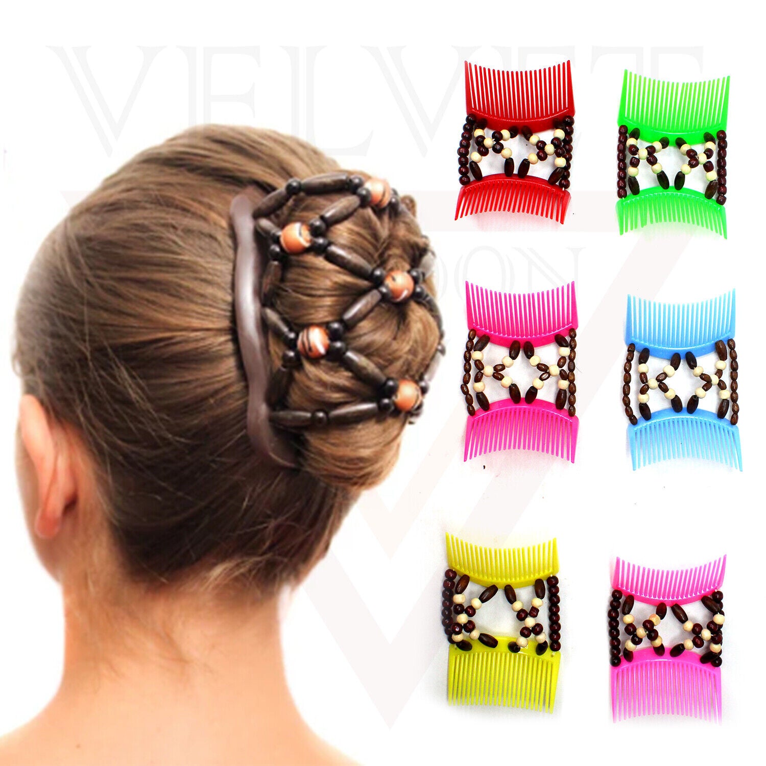 Wooden Beads Magic Hair Combs Clips Elastic Stretchy Double Hair Styling Clips