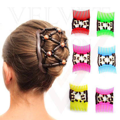 Wooden Beads Magic Hair Combs Clips Elastic Stretchy Double Hair Styling Clips