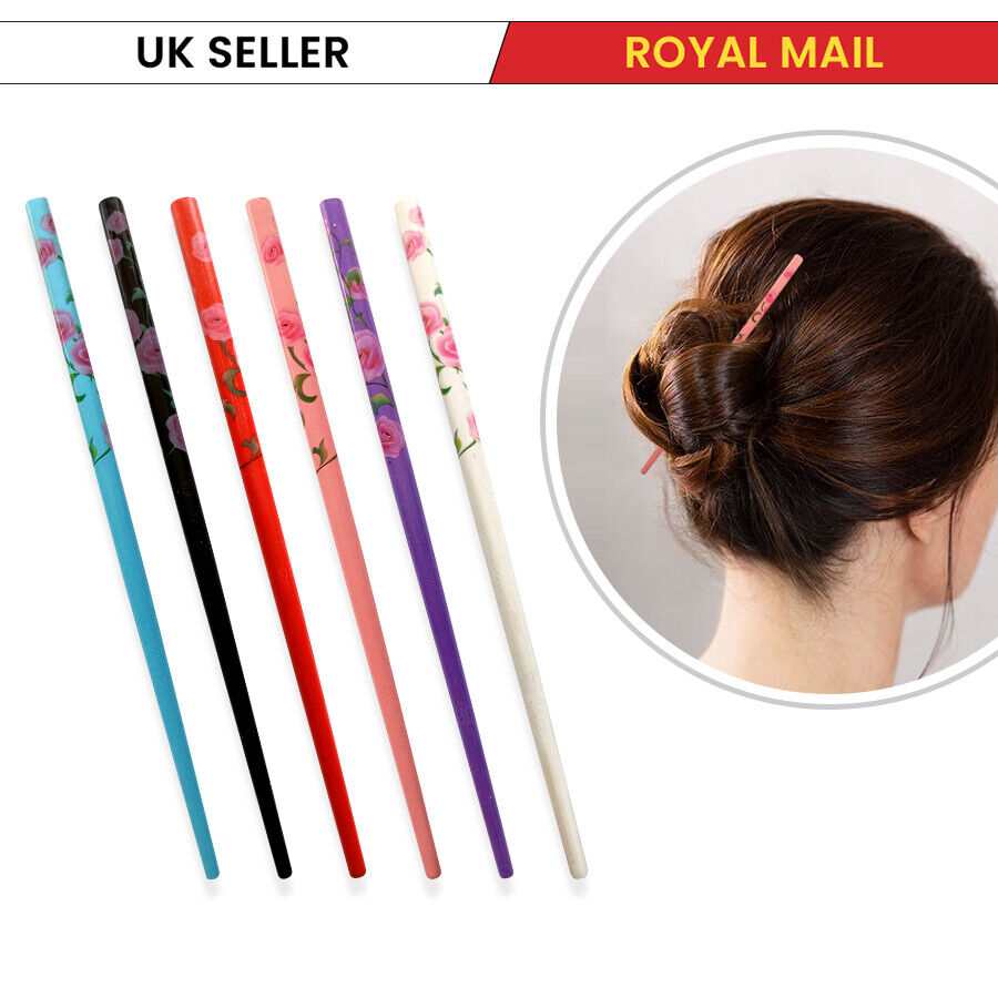 2x Wooden Unique Girls Bun Holder Japanese Style Floral Hair Wood Chopsticks