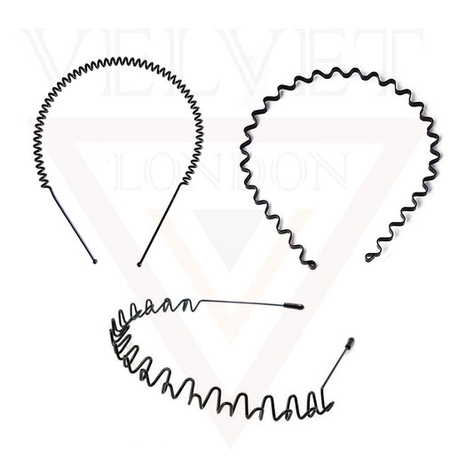 3 Black Wavy Metal Hair Band Spring Hair Hoop Unisex Black Headband Flexible UK