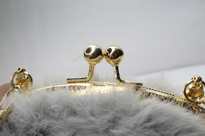 Purse Shoulder Bag Fur Rabbit Ear Long Gold Metal Chain Clutch Plush Side Bag